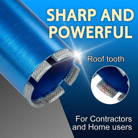 Close-up of blue SALI wet diamond core drill bit with segmented teeth for masonry drilling