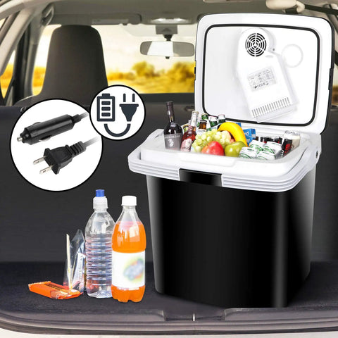 Portable 26 Liter Car Cooler Warmer With Ac Dc Power compact electric refrigerator chest in a car with drinks and fruits.