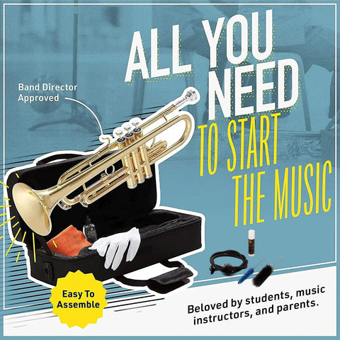 Bb Standard Trumpet Starter Kit In Gold For Beginners With Smooth Valves, Durable Lacquer Finish, Easy To Play Design, And Eye Catching Shine For Practice, School Band Or Band Camp. Gold Bb trumpet with case and accessories