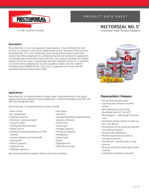 RectorSeal No. 5 pipe thread sealant data sheet; red-labeled cans and a yellow 1.75 oz tube