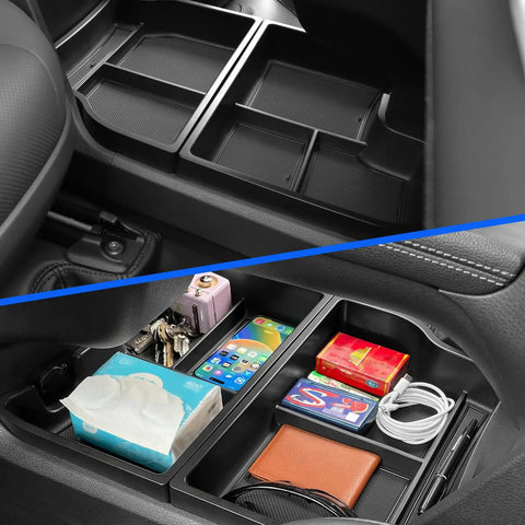 2 Pack Center Console Organizer Lower Tray For Toyota Sienna 2021 2022 2023 2024 2025 2026 Interior Storage Box ABS Tray With Non Slip Mat Black Finish