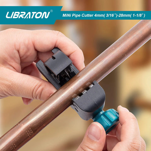 Libraton tubing cutter side view: mini copper pipe cutter with blue knob clamped to copper tube