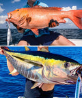 High Strength Vertical Saltwater Jigging Jigs 60 To 150g Glow With Assist Hook used for catching tuna and snapper. Angler holding large fish.
