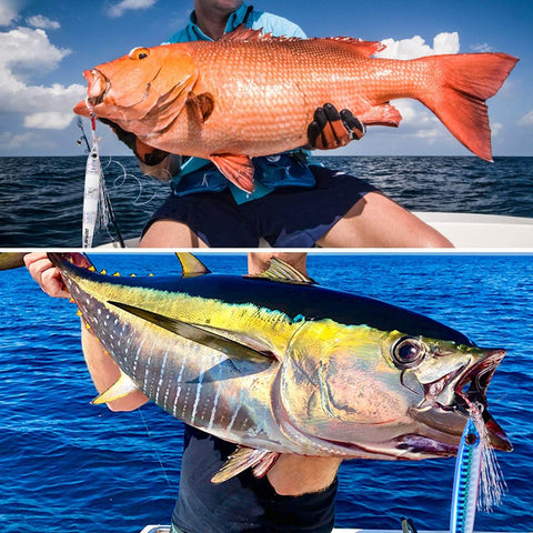 High Strength Vertical Saltwater Jigging Jigs 60 To 150g Glow With Assist Hook used for catching tuna and snapper. Angler holding large fish.