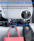Retractable hook for car headrest displaying black material, holding bags, designed for Mini Cooper SE Convertible use.