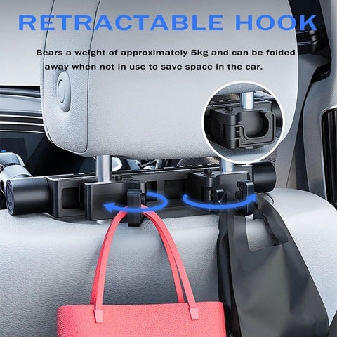 Retractable hook for car headrest displaying black material, holding bags, designed for Mini Cooper SE Convertible use.