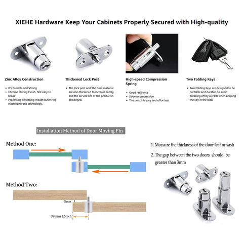 Tough As Nails Push Plunger Cabinet Door Locks Machined Steel Sliding Drawer Latches close-up view with installation instructions.