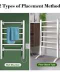 Towel Warmer for Bathroom with Timer and Wall Mounted Plug In Design, 6 Bar Heated Towel Rack shown in wall mounted and floor stand setups