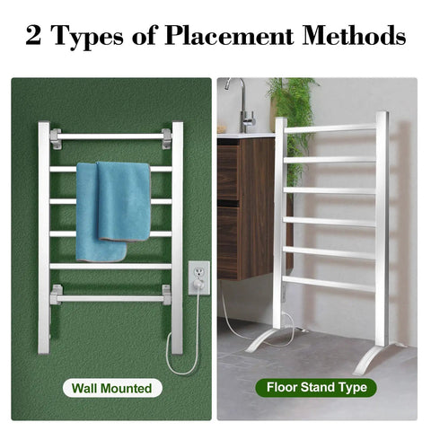 Towel Warmer for Bathroom with Timer and Wall Mounted Plug In Design, 6 Bar Heated Towel Rack shown in wall mounted and floor stand setups