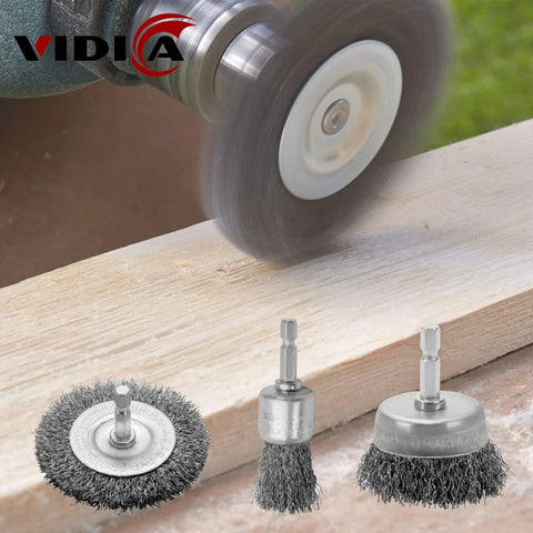 Heavy Duty Drill Wire Brush Set Nine Piece With Abrasive Wire Wheels Cups And Pen Brushes in use on wood surface.