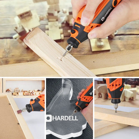 Do It All Rotary Tool Accessories Kit With 282 Pcs And One Eighth Inch Shank Bits demonstrating cutting, sanding, and drilling tasks.