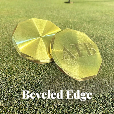 Personalized Golf Ball Marker Set Of 2 In Solid Brass And Copper With Knurled Edges Engrave Up To 20 Characters Durable American Made Metal Perfect Golf Gifts For Men Customizable Ball Markers For Serious Players with beveled edge on green grass