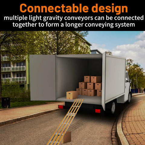 Connectable Foldable Manual Gravity-Powered Conveyor Roller System leading into truck for efficient freight loading.