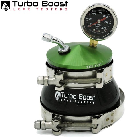 Front view of Turbo Boost Leak Tester kit with green top, black metal body, and 30 PSI gauge