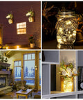 Remote Control Mason Jar Sconces Set Of Two With LED Fairy Lights And White Rose Accents on house, closeup and room settings