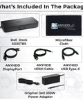 Kickass Thunderbolt 5 Docking Station SD25TB5 With 300W Power Delivery showing included Dell dock, HDMI, USB-C cables, and microfiber cloth.
