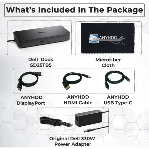 Kickass Thunderbolt 5 Docking Station SD25TB5 With 300W Power Delivery showing included Dell dock, HDMI, USB-C cables, and microfiber cloth.