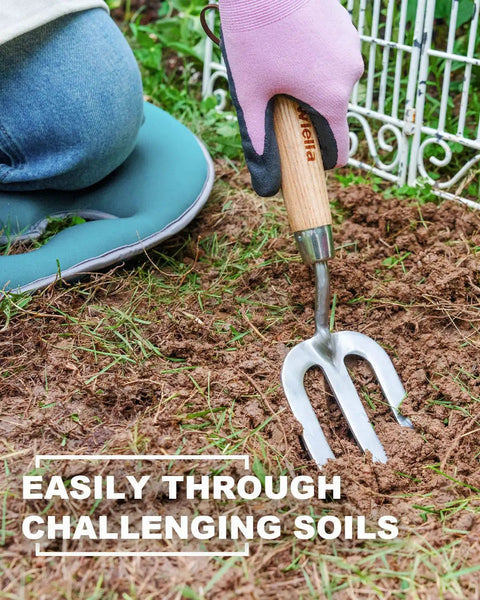 Versatile Weeding Fork Hand Tool with a 12 Inch Wood Handle and 3 Pointed Tines used for gardening in hard soil