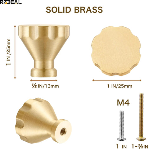 Heavyweight Solid Brass Brushed Gold Cabinet Knobs 0.94 Inch Diameter 24mm 8 Pack Contemporary Euro Style Drawer Knobs For Kitchen Cabinets And Dressers Built To Last, showing dimensions and views