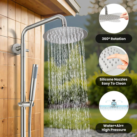 Rugged Outdoor Shower Kit With Dual Function 8 Inch Rain Showerhead And Handheld Spray Wall Mount Single Handle SUS304 Stainless Steel Brushed Nickel Finish High Pressure Setup For Garden Patio And Camping featuring water flow demonstration.