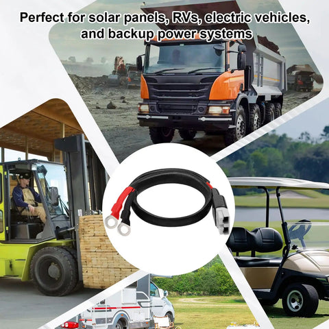 Rock Solid 8awg Tinned Copper Battery Cable 15 Foot 50 Amp Anderson Quick Connect To O Ring Terminals For Rv Solar Ev And Backup Hookups Built Tough As Nails shown with various vehicles and applications.
