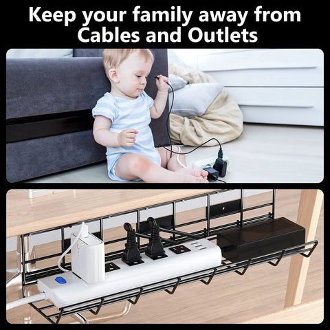 2 Pack Under Desk Cable Management Tray Set with cables organized and hidden under desk, preventing child access, showing safety use.