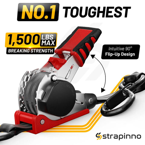 Auto Self Retracting Ratchet Straps 1in x 10ft, 1,500 Lbs Break Strength with red and black handle, close-up view