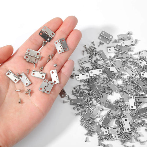 Hand holding 100 Pcs Tiny Dollhouse Hinges 0.7 x 0.51 Inches 180 Degree Miniature Metal Hinges With 400 Screws Silver Durable Iron Hardware
