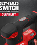 Close-up of red 20V Max Cordless Detail Sander Tool Only With Pro-Grade Power And Variable Speed showing durable dust-sealed switch.