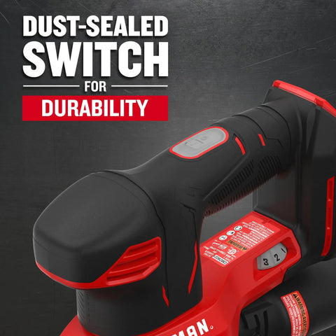 Close-up of red 20V Max Cordless Detail Sander Tool Only With Pro-Grade Power And Variable Speed showing durable dust-sealed switch.