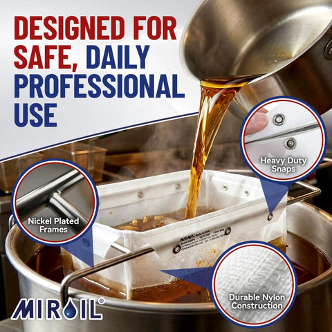 Heavy Duty Deep Fryer Oil Filter Bag And Frame For Restaurants Reusable Grease Strainer pouring oil into durable nylon frame.