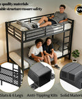Straight Up Heavy Duty Twin XL Over Twin XL Metal Bunk Bed Built Tough With Secure Guardrails And Industrial Grade Steel For Adults Teens Or Kids Zero Creaking Black Frame Needs No Box Spring with kids sitting on it.