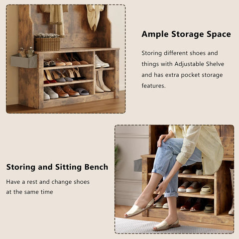 Entryway Hall Tree With Bench And Storage 3 In 1 Coat Rack And Shoe Storage 2 Tier Top Storage Rustic Brown Space Saver