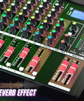 16 Channel Bluetooth Mixer With USB MP3 Player And Phantom Power Built In Reverb Stereo EQ Close-up of Controls
