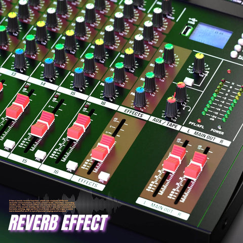 16 Channel Bluetooth Mixer With USB MP3 Player And Phantom Power Built In Reverb Stereo EQ Close-up of Controls