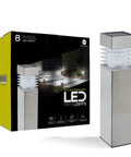 Eight Pack Solar Pathway Lights With Auto On Off Led Outdoor Landscape Lighting For Garden Yard Lawn Patio Walkway Driveway Waterproof IP44 Dusk To Dawn Square Stakes Easy Setup No Fuss Durable Stainless Steel And Weatherproof Plastic package and single light.