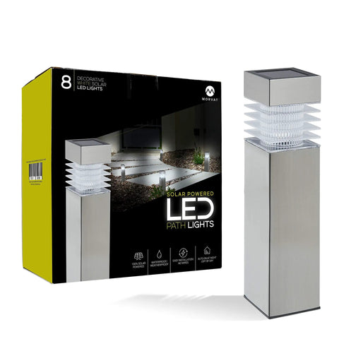 Eight Pack Solar Pathway Lights With Auto On Off Led Outdoor Landscape Lighting For Garden Yard Lawn Patio Walkway Driveway Waterproof IP44 Dusk To Dawn Square Stakes Easy Setup No Fuss Durable Stainless Steel And Weatherproof Plastic package and single light.
