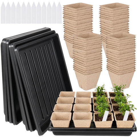 Seed Starter Kit with 100 square nursery pots, drain holes, 6 plastic plant trays, and labels for seedlings propagation and seed starting.