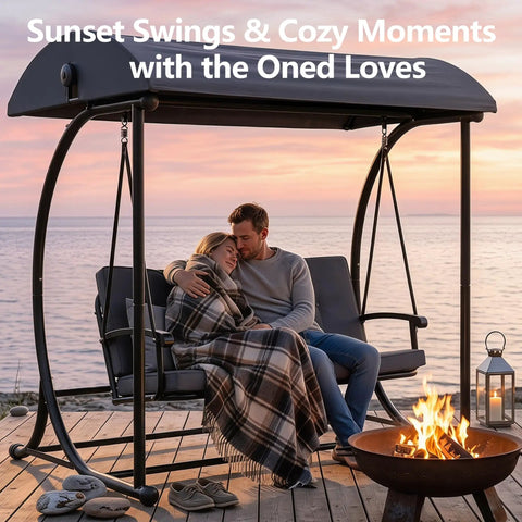 Couple relaxing on All Weather Porch Swing With Canopy And Stand For Outdoor Relaxing 3 Person Patio Swing Bed With Cushions