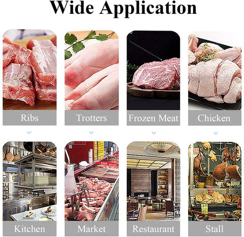 Image showing various meat types: ribs, trotters, frozen meat, and chicken, highlighting the Heavy Duty 650W Electric Bone Saw uses.