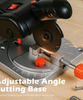 Close-up of Miter Saw Benchtop Power Table Saw for DIY projects with integrated angle adjustment cutting base, 0-45 degree tilt.
