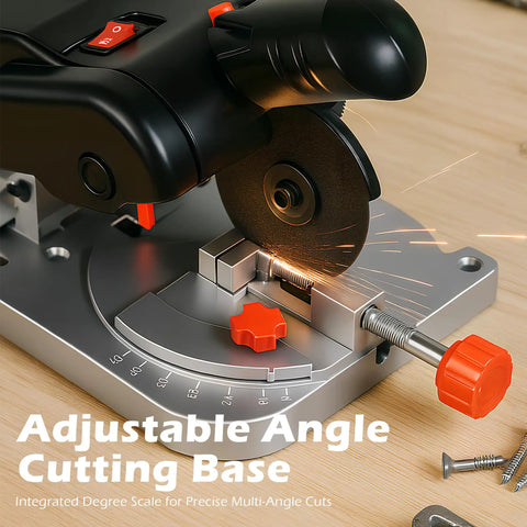 Close-up of Miter Saw Benchtop Power Table Saw for DIY projects with integrated angle adjustment cutting base, 0-45 degree tilt.