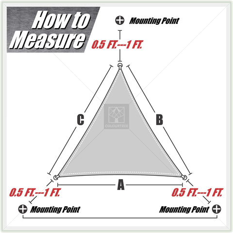 Diagram showing mounting points and dimensions for USA Flag Sun Shade Sail Right Triangle Canopy Built Tough For Outdoor Patio Carport UV Block UV Resistant Heavy Duty Commercial Grade 12ft x 12ft x 17ft Easy Mount Tension Custom Size Available Weatherproof.
