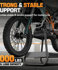 Heavy Duty Detachable Anti Slip Dirt Bike Stand Jack For Universal Motorcycle Maintenance Elevates Dirt Bikes Up To 1000 Lbs To 15.7 Inches High Black Durable Steel Construction supporting motorcycle in garage