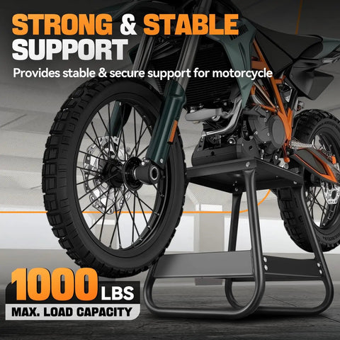 Heavy Duty Detachable Anti Slip Dirt Bike Stand Jack For Universal Motorcycle Maintenance Elevates Dirt Bikes Up To 1000 Lbs To 15.7 Inches High Black Durable Steel Construction supporting motorcycle in garage