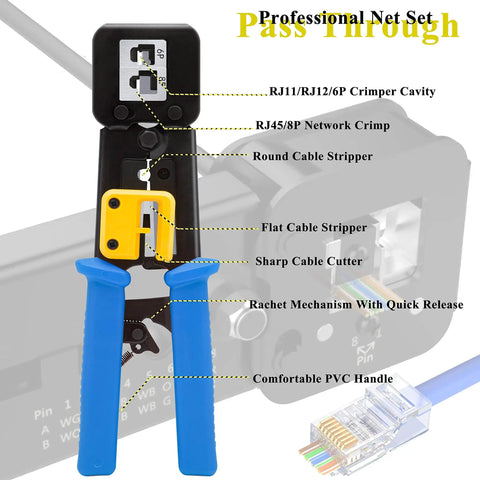 Pro Grade Network Tool Kit Set With Rock Solid Cable Tester And No Sweat Wire Strippers for crimping RJ11/RJ45 cables.