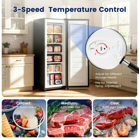 Premium Straight Up Slick 6.5 Cubic Foot Freestanding Upright Freezer For Tight Apartment Spaces black shell with 3-speed temperature control.