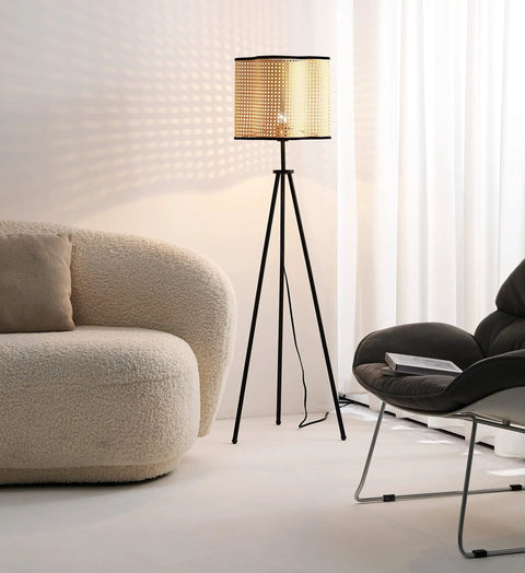 Mid Century Bohemian Tripod Floor Lamp With PVC Rattan Shade And Velvet Rim in modern living room setting