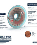 Fine Desoldering Braid Wick With RMA Rosin Flux 5 Foot Length And 0.125 Inch Width Brown on product packaging image.