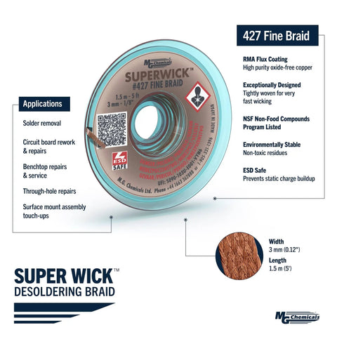 Fine Desoldering Braid Wick With RMA Rosin Flux 5 Foot Length And 0.125 Inch Width Brown on product packaging image.